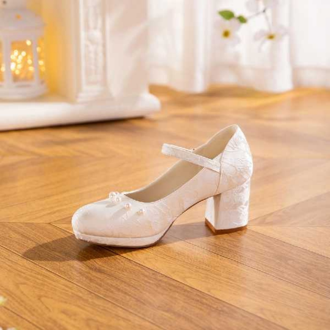 White And Beige Jacquard Mary Jane Style Women's Shoes With Thick Soles And Pearl Bow Straps, Waterproof Platform High Heels, Elegant And Versatile Wedding Shoes, Bridesmaid Shoes, Formal High Heels F