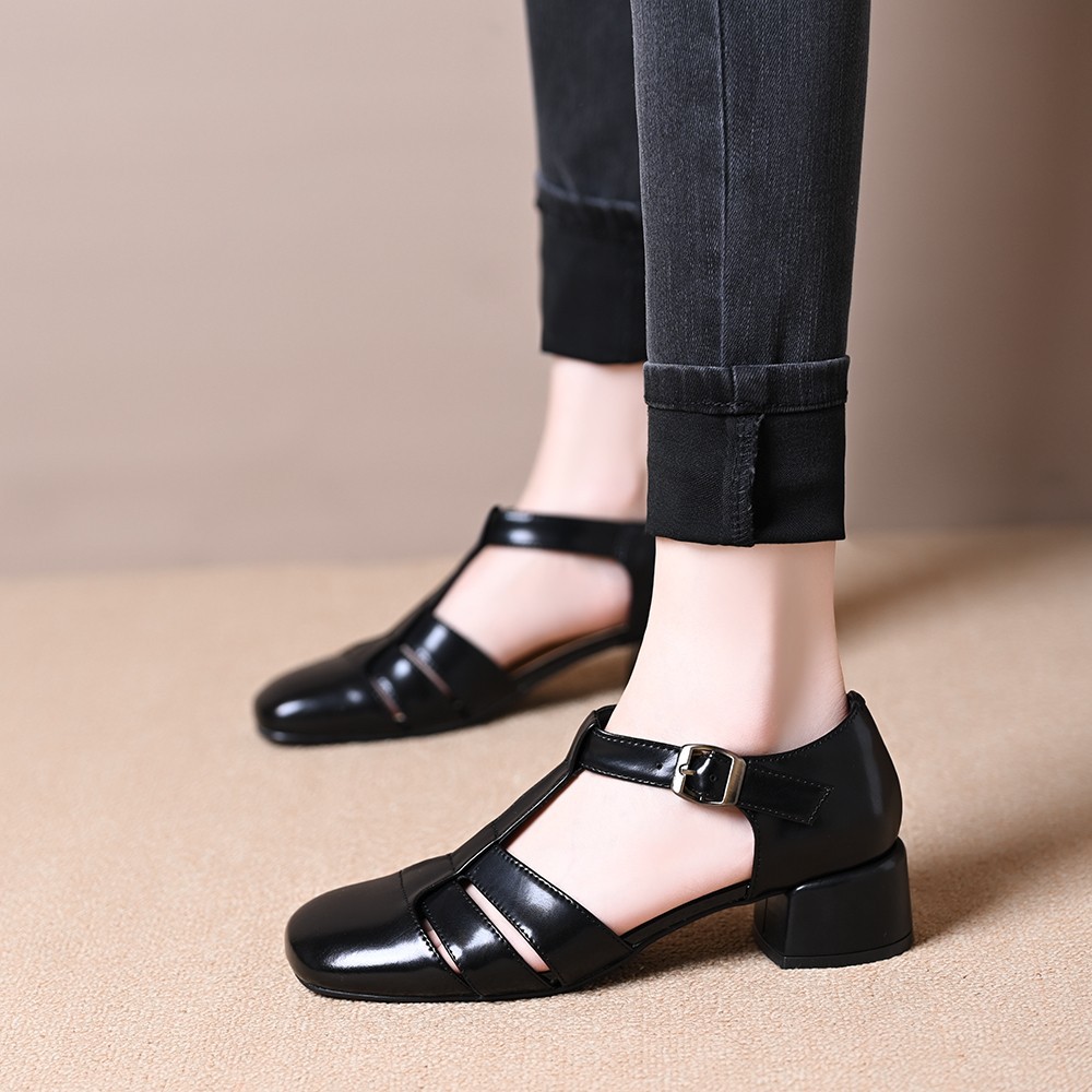 Hollow Retro Strap All-matching Chunky Heel Sandals foto 3