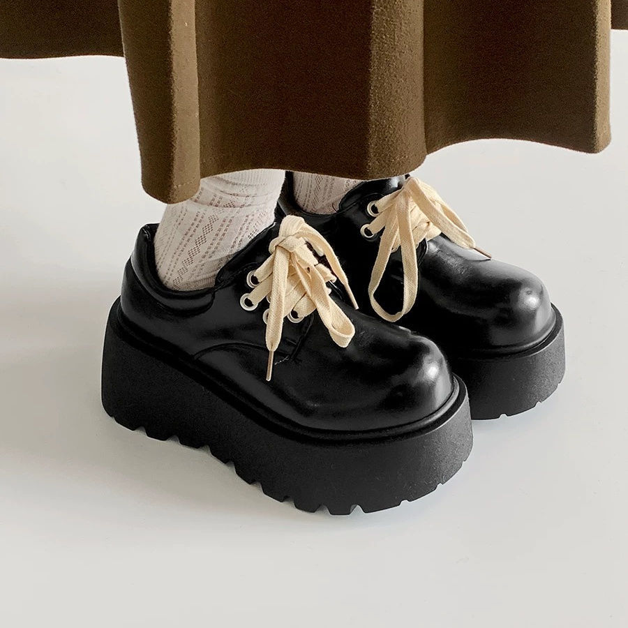 Retro British Matte Black Thick Sole Increased By Lace-up Leather Shoes foto 2