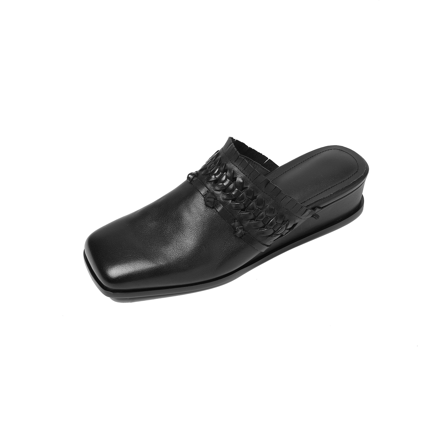 Women's Washed Full-Grain Leather Wedge Mules, Handwoven Cowhide Square Toe Slides foto 5
