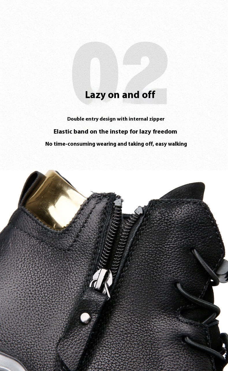 Top Layer Cowhide High-top Shoes Black Cotton Casual Leather Shoes foto 5