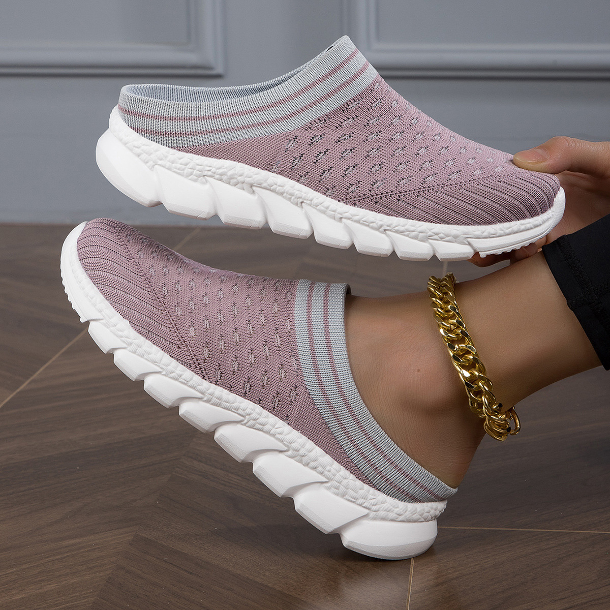 Breathable Flyknit Socks Semi Slipper Women's Shoes Lightweight Casual foto 5