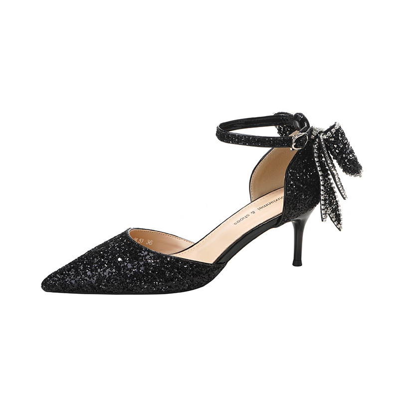 European And American Adult Banquet Sequined Bow Elegant Lady Fairy Buckle Closed Toe Women's High Heels foto 5