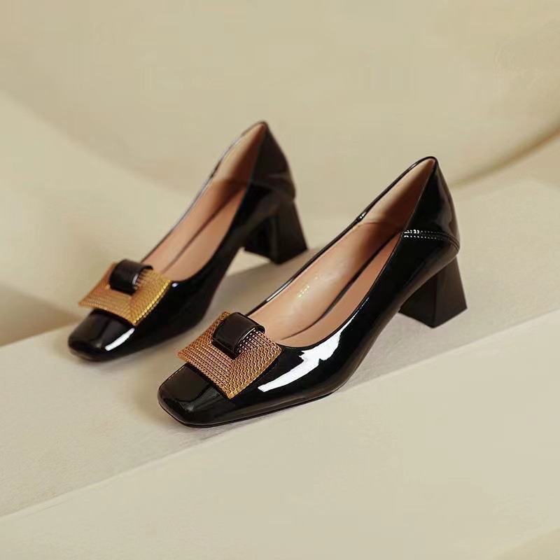 Red Wedding Shoes Mid-Heel SpringAutumn Womens Shoes Patent Leather Square Toe Low-Top Pumps