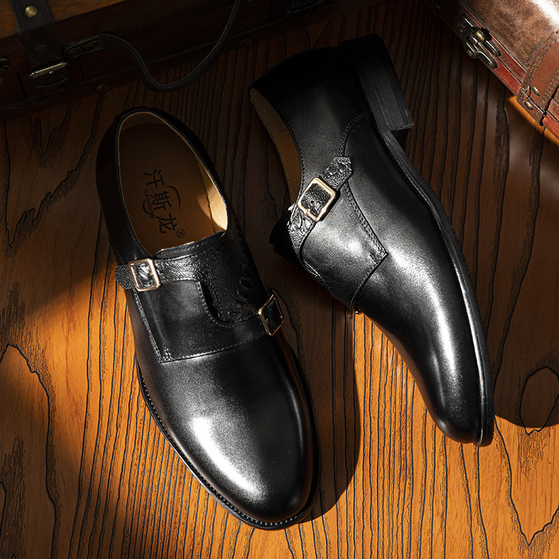 Men's First Layer Cowhide Summer Round Toe Double Buckle Retro Style Business Leather Shoes foto 5