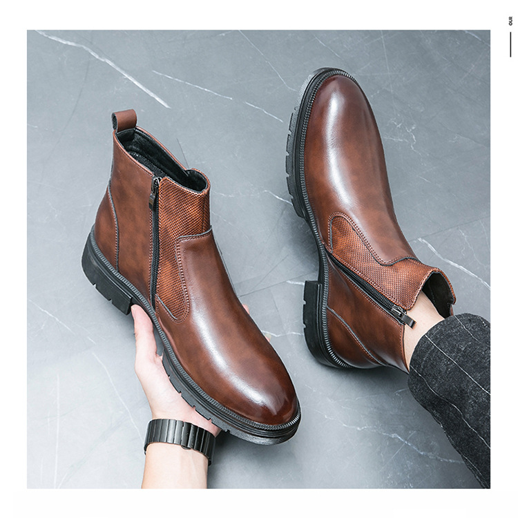 High-top British Double Buckle Slip-on Leather Boots Autumn And Winter foto 4