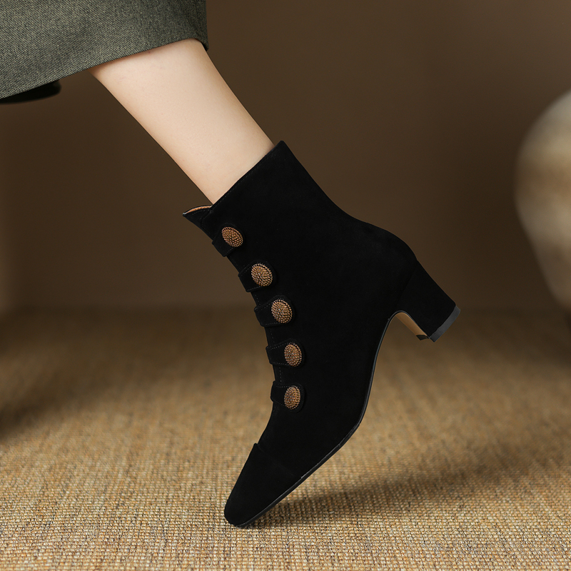 Retro High-heeled Ankle Boots For Women New Autumn Style Suede Round Toe Side Zipper Chunky Heel foto 3