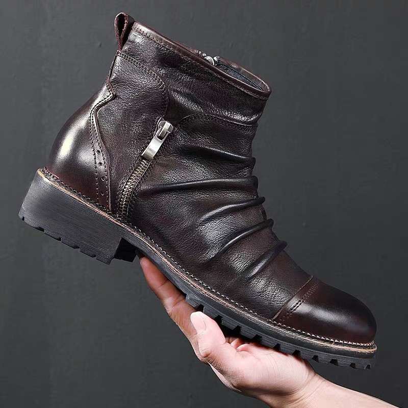 Retro Round Toe PU Leather Side Zipper Martin Chunky Heel Ankle Boots foto 2