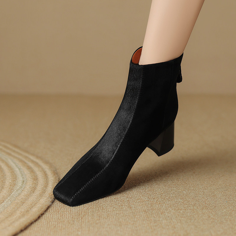 European And American-style Square-toe Chunky-heel Horsehair Short Boots In Winter Sheepskin foto 4