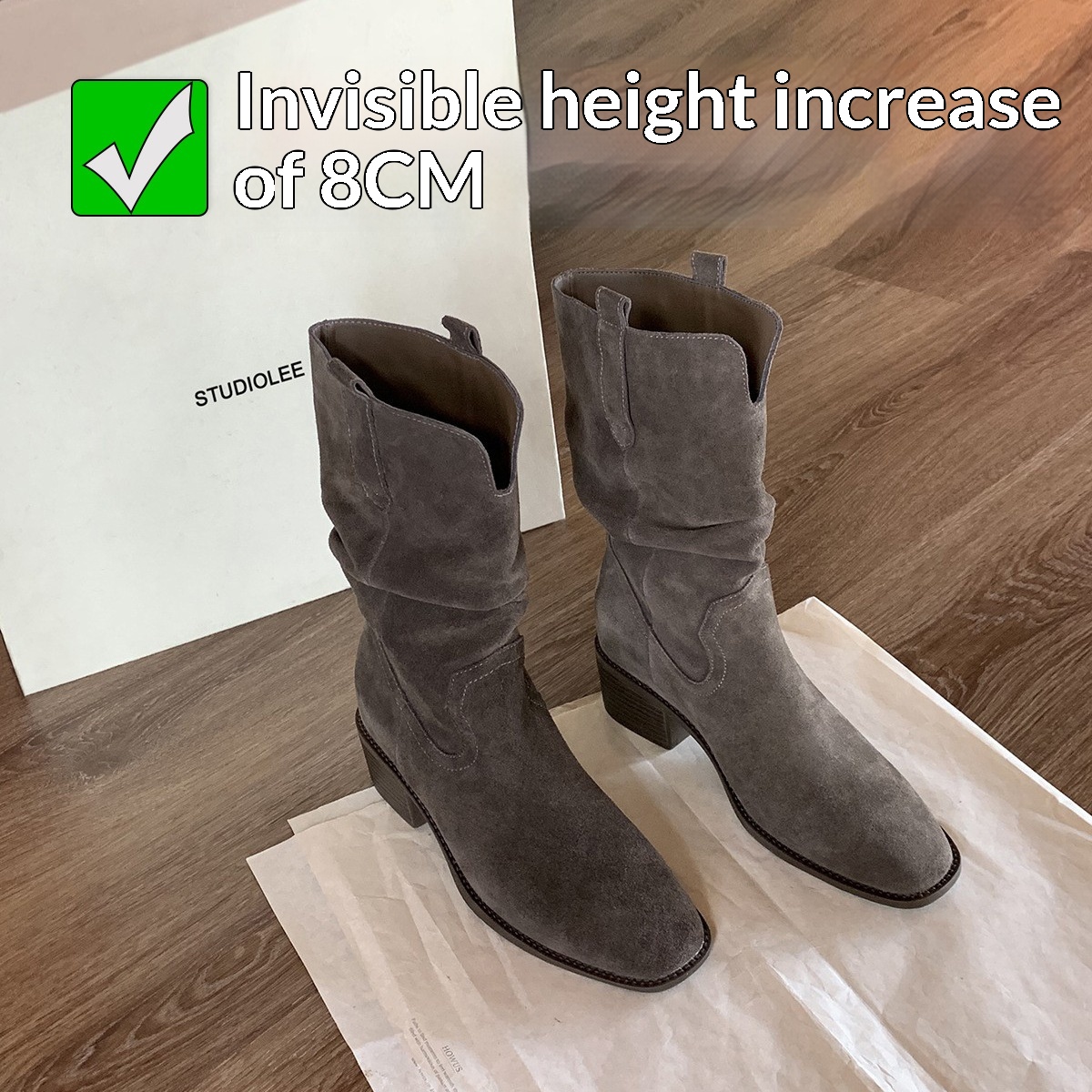 Height-increasing 8cm Round Toe Chunky Heel Slimming High Shaft Ankle Boots foto 4