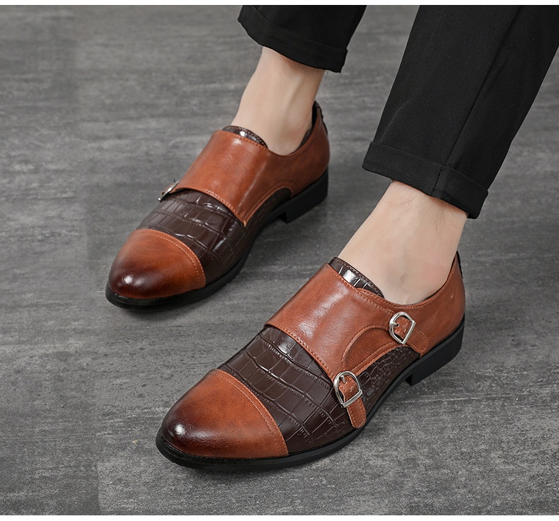 Men's Double Button Large Crocodile Patterned Leather Shoes foto 5