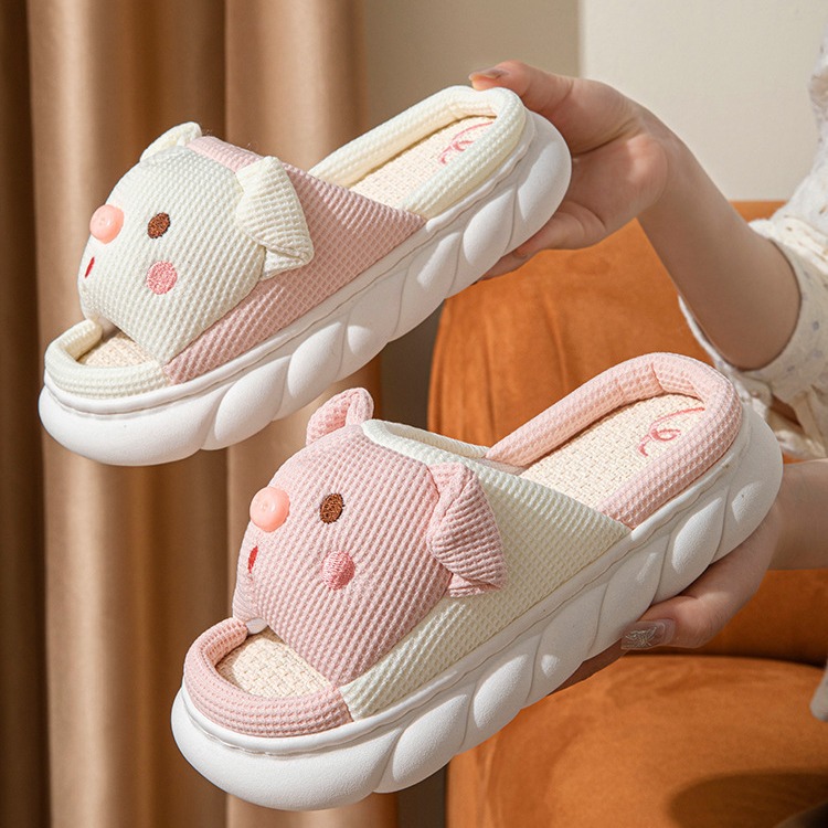 Cute Piggy Slippers Open Toe Linen Home Slipper Couples Women Men Cartoon Pig House Shoes foto 3