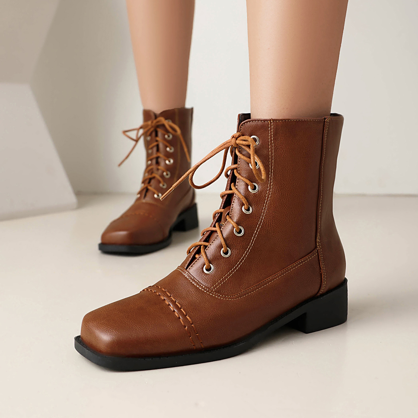 Womens Comfortable Lace-Up Square-Toe Outdoor Motorcycle Boots foto 2