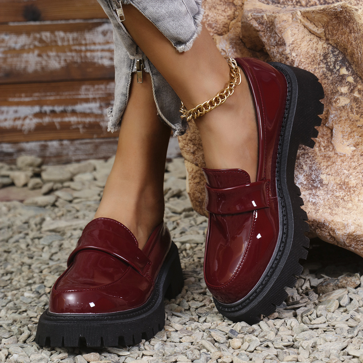 Plus Size British Style Slip-on Thick Bottom Chunky Heel Stylish Loafers foto 3