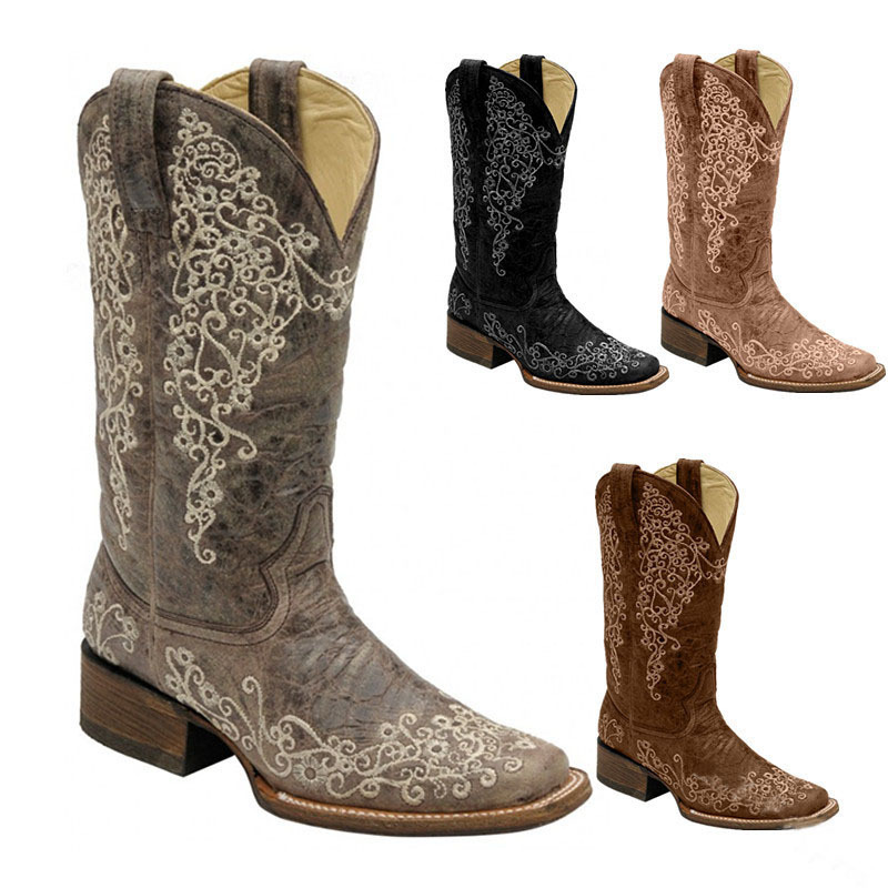 Autumn Winter Embroidered And Printed Chunky-Heel Square-Toe Mid-Calf Knight Boots foto 3