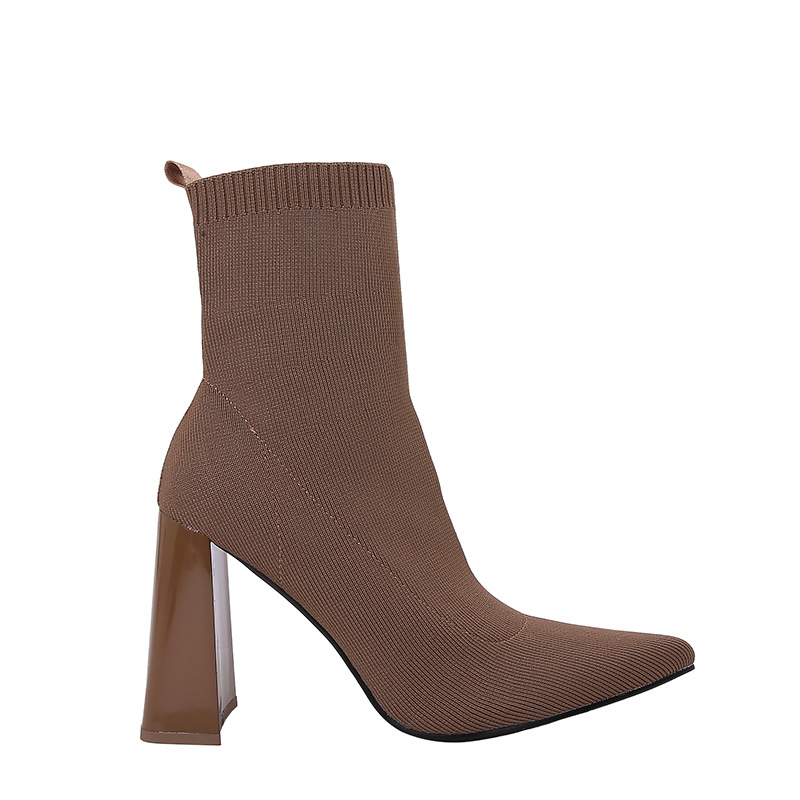 Brown Yellow Geometric High Heel Chunky Heel Retro Ankle Boots Elastic Socks Boots Women foto 4