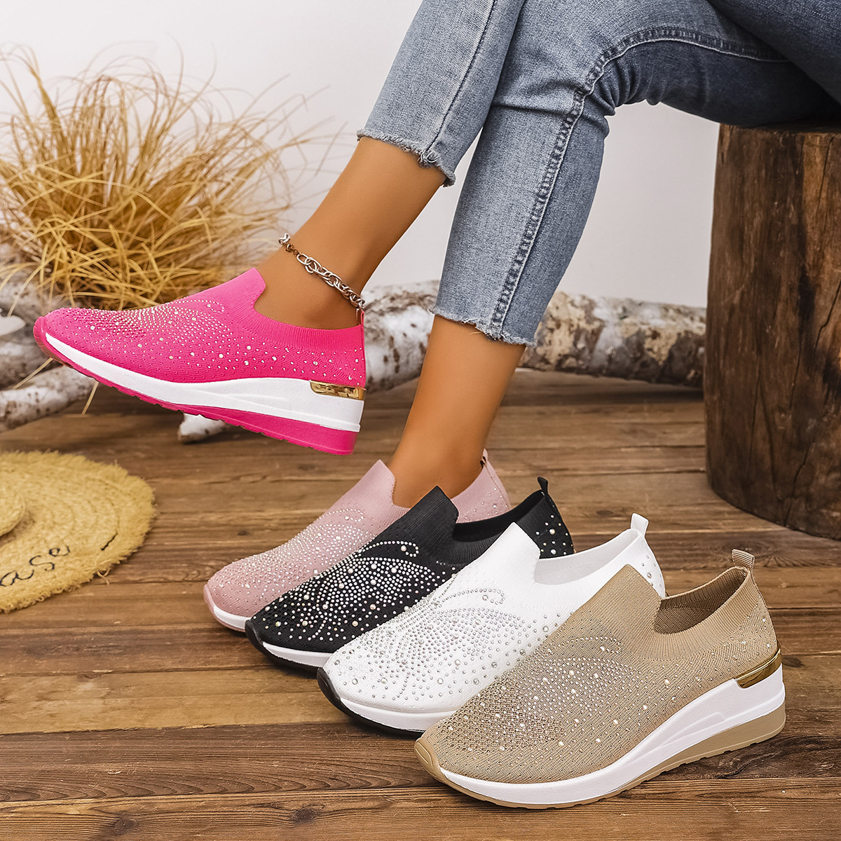 Pumps Women's Summer Wedge Round Toe Rhinestone Slip-on Women's Pumps Pumps foto 4