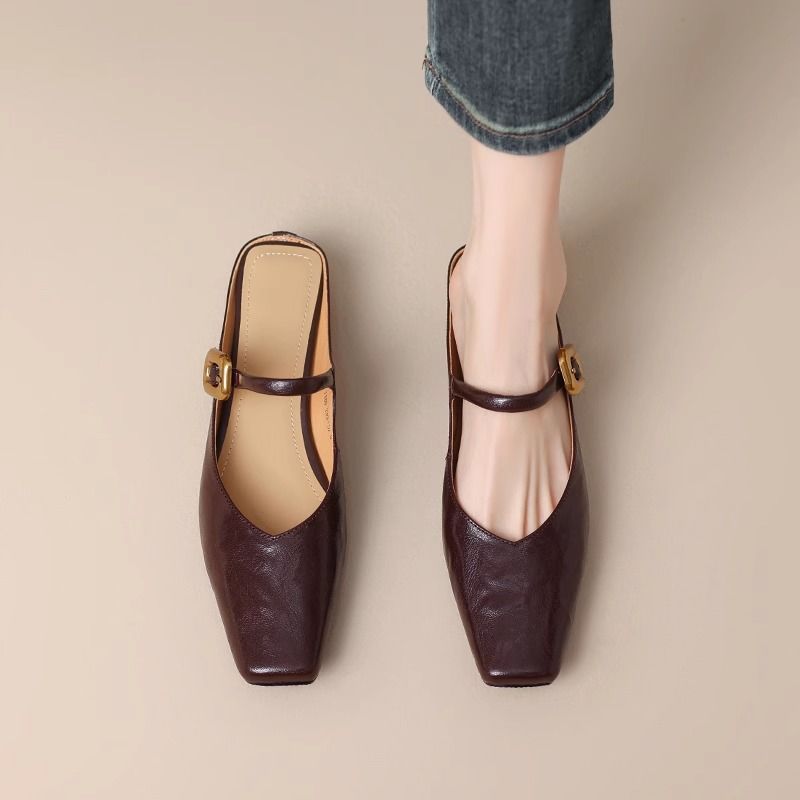 Women's Retro Square-Toe Chunky-Heel Closed-Toe Half Slippers foto 2