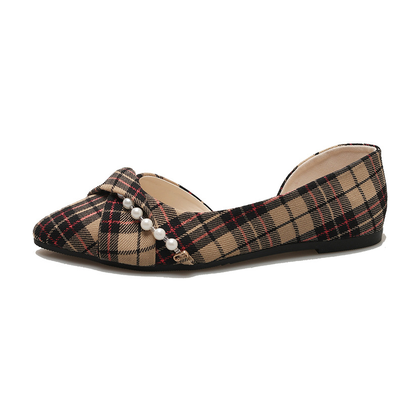 New Vintage Scoop Pointed Beaded Knot Plaid Low Heel Shoes foto 3