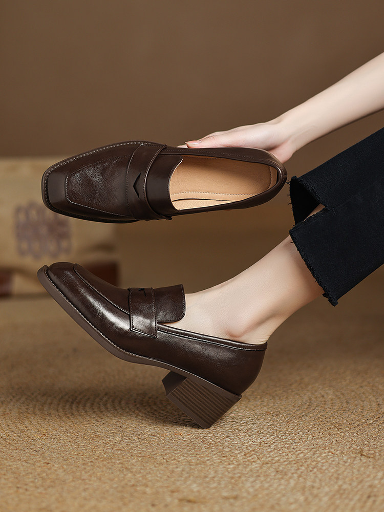 Womens Retro Square-Toe Chunky-Heel Deep-Mouth Loafers foto 5