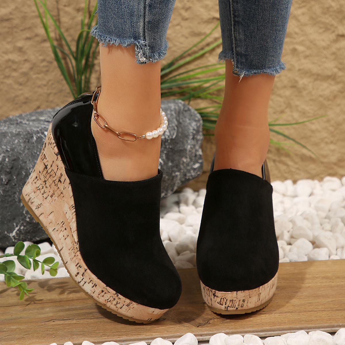 Women's Wedge Heels Spring New Arrival Suede And Leather Patchwork Design