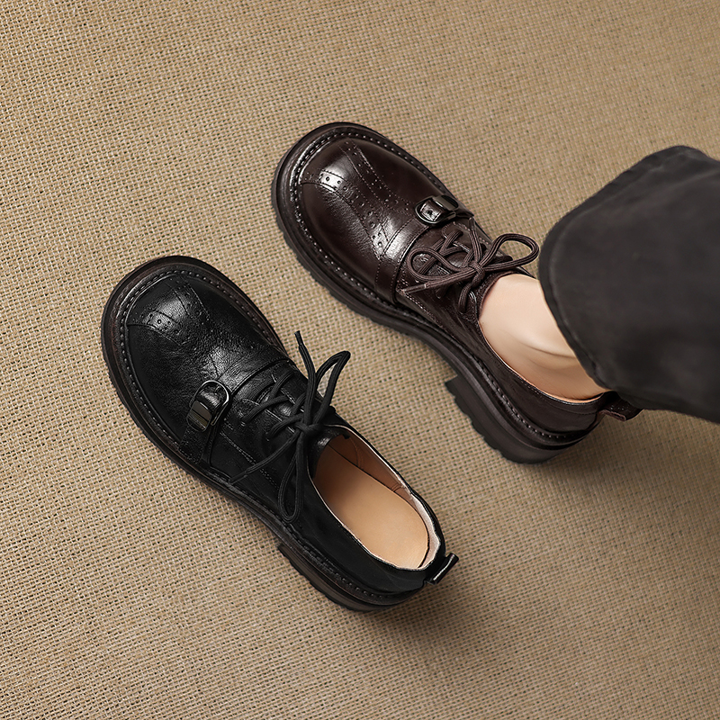 Women's Handmade Full-Grain Sheepskin Platform Oxfords, Chunky Heel Lace-Up Buckle Brogue Shoes foto 2