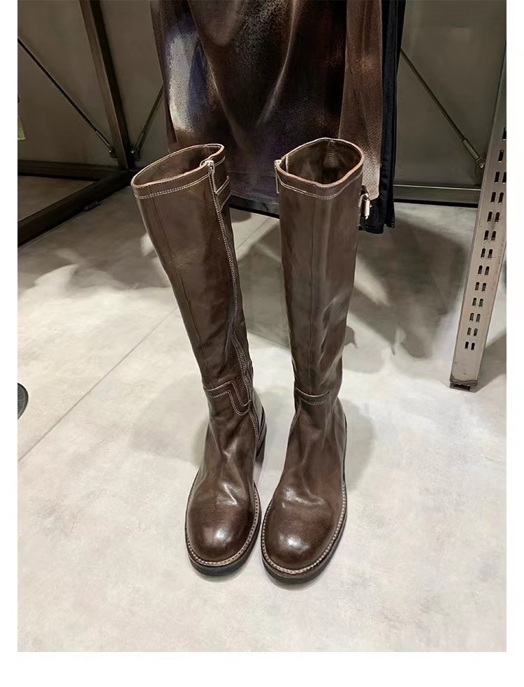 Washed Horse Leather Belt Buckle Thick Bottom Thigh High Boots Women foto 2