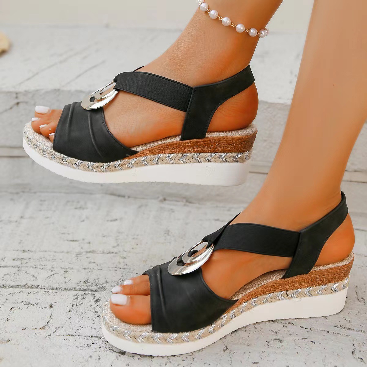 Plus Size Women's Metal Buckle Decorative Hemp Rope Wedge Light Bottom Peep Toe Sandals foto 5