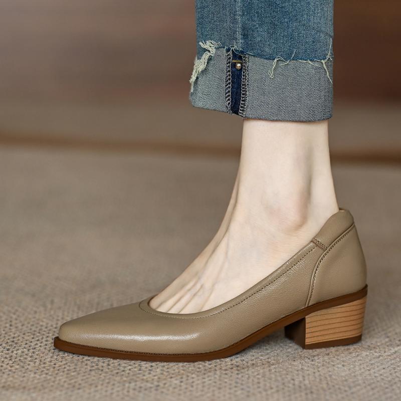 Women's Single Shoes Retro Brown Shallow Mouth Pointed Toe Commuting Mid-heel Anti-slip foto 4