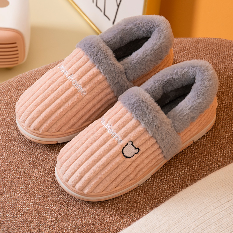 Corduroy Striped Faux Rabbit-Fur Slippers For Couples foto 3
