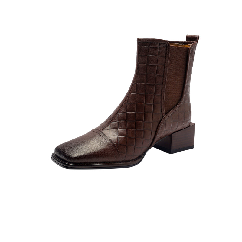Retro Woven Square-toe Chunky-heel Womens Full-grain Leather Boots With Elastic Side Panels foto 3