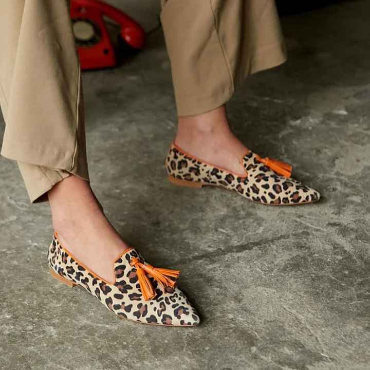 Pointed Toe Shallow Mouth Contrast Color Pointed Leopard Print Loafers Women foto 3