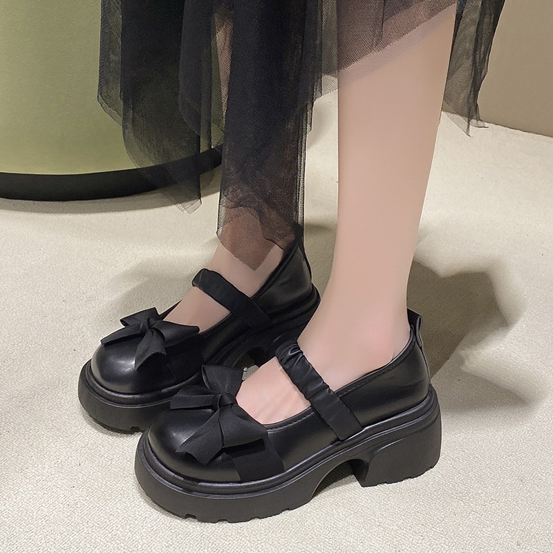 Small Leather Shoes Women's High Heel With Skirt Bow French Chunky Heel Pumps foto 5