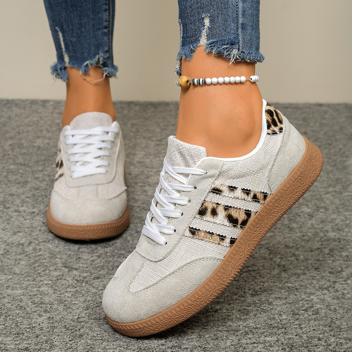 Springautumn New Vintage Leopard-print White Shoes Round-toe Lace-up Large-size Casual All-match Sneakers