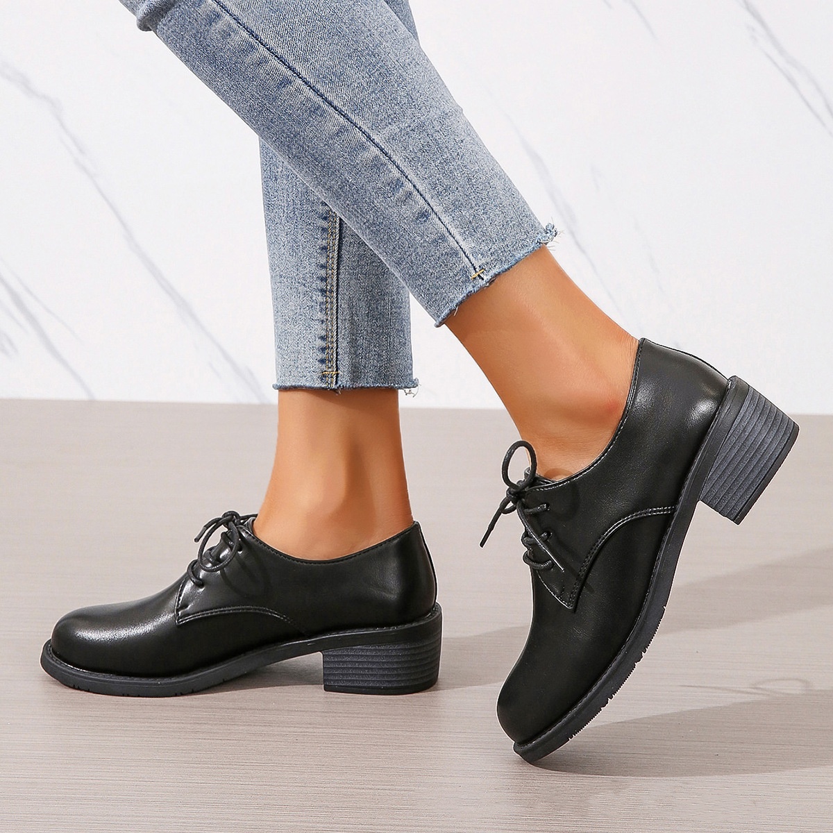 Work Black Professional Soft Sole Leather Thick Heel Women's Shoes foto 2