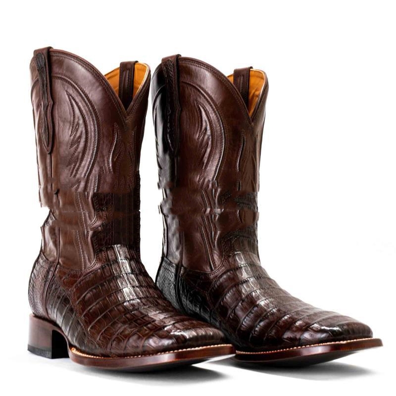 Embroidered Tube Edge Stitching Plaid Pointed Men's Boots foto 4