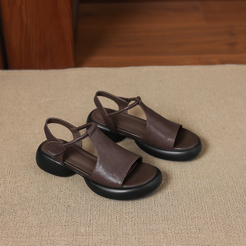 Women's Handcrafted Calfskin T-Strap Platform Sandals, Premium Full-Grain Leather Chunky Heel Shoes foto 4