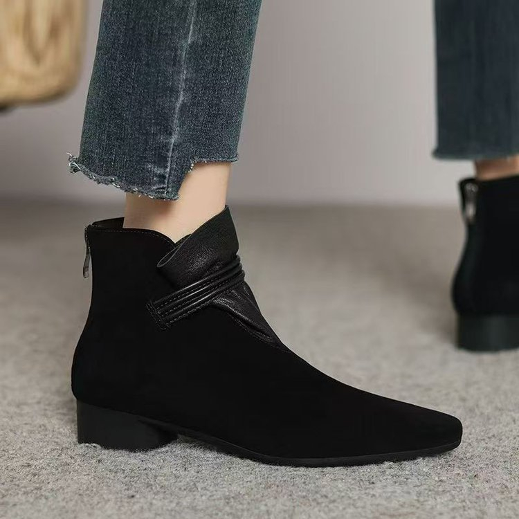 Retro Suede Pointed Toe Chunky Heel Ankle Boots foto 3