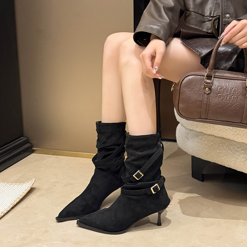 Fashionable And Versatile Pointed Toe Stiletto Heel Suede French Slim Ankle Boots foto 2