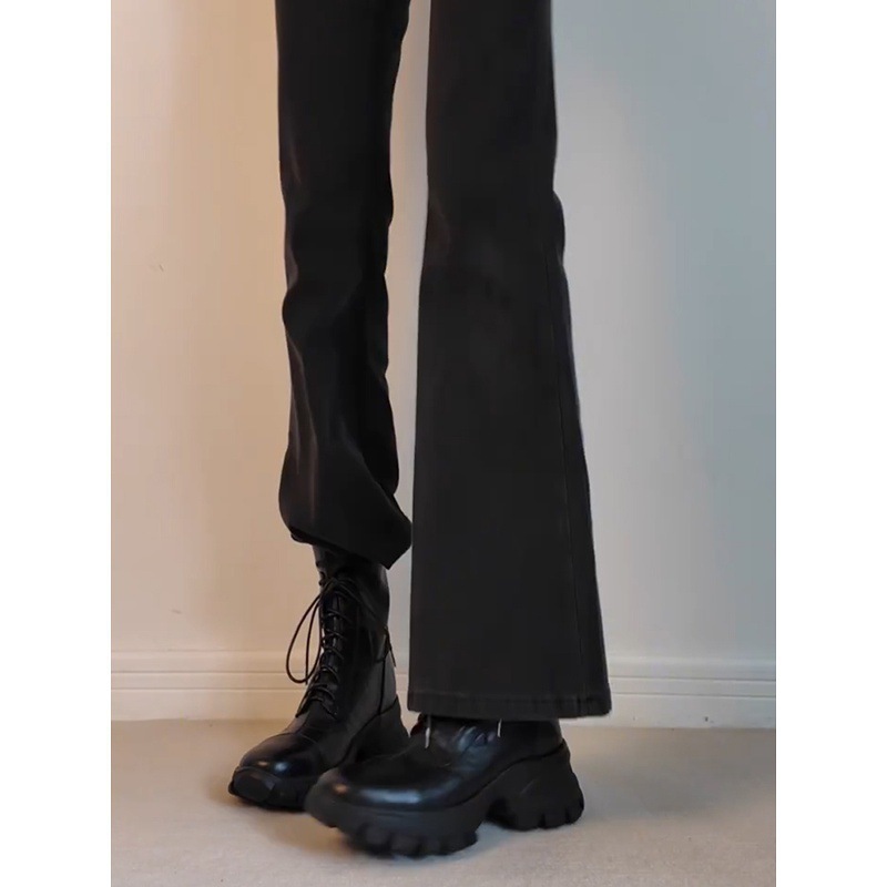 New Stylish Versatile Black Thick-soled Back Zipper Lace-up Motorcycle Boots