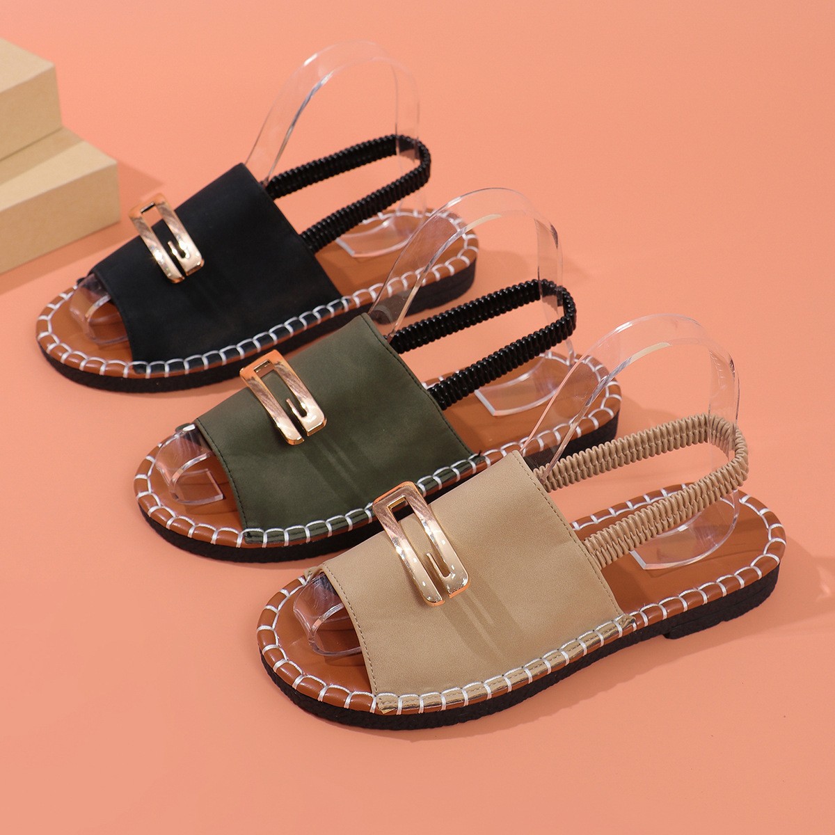 Womens Fabric Strap Flat Sandals With Elastic Band And Buckle foto 5