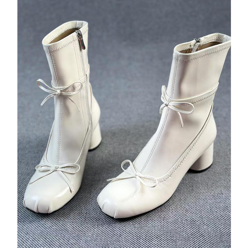 Ballet Style White High-heeled Round Head Thin Booties foto 5