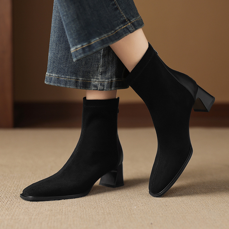 French-style Vintage Leather Patchwork Mid-heel Ankle Boots foto 3