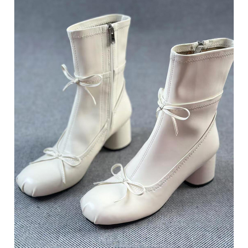 Ballet Style White High-heeled Round Head Thin Booties foto 3