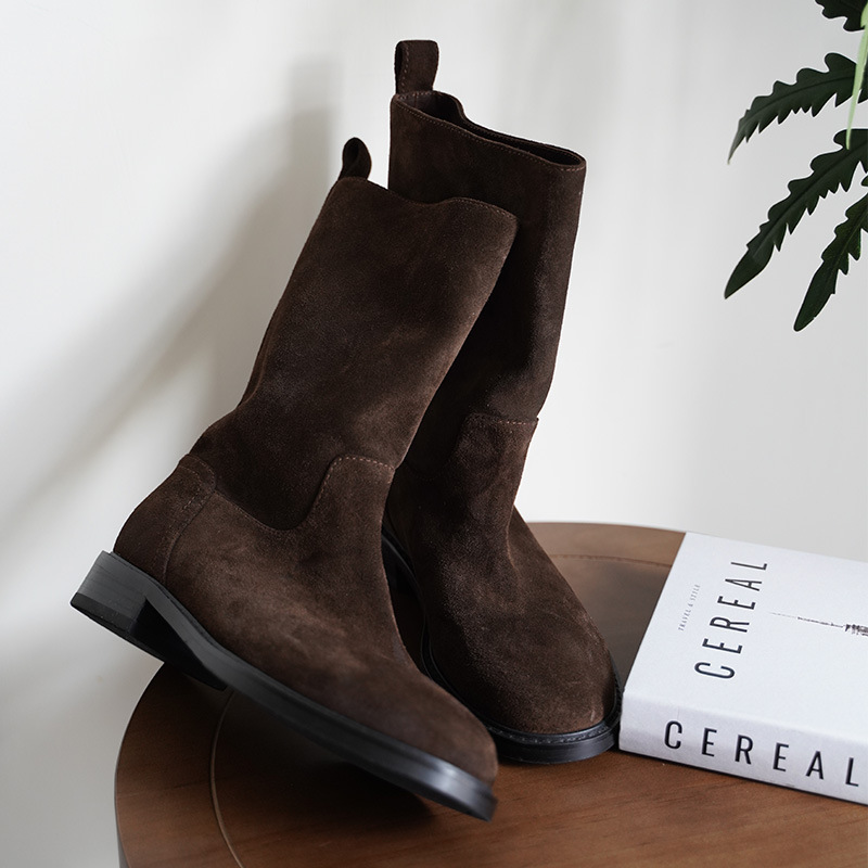 Genuine Leather Mid-calf Vintage Straight-leg Riding Single-layer Boots foto 2