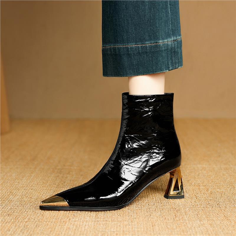 Wine-Red Sheepskin Patent Leather Pointed-Toe Ankle Boots For Women With A Stiletto Heel foto 2