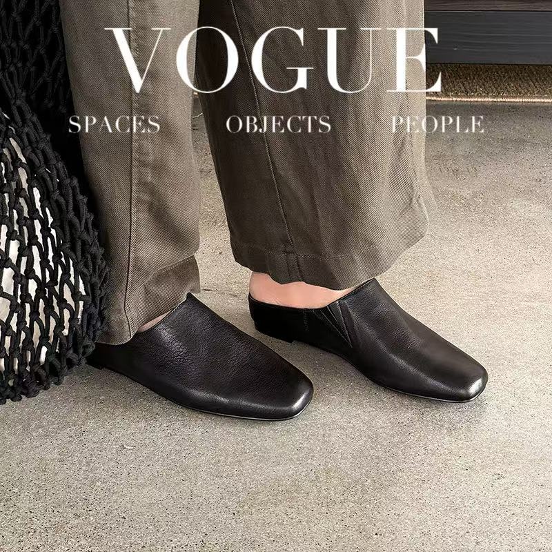 Women's Handmade Full-Grain Sheepskin Closed-Toe Mules, Square Toe Slip-On Flat Slides foto 3