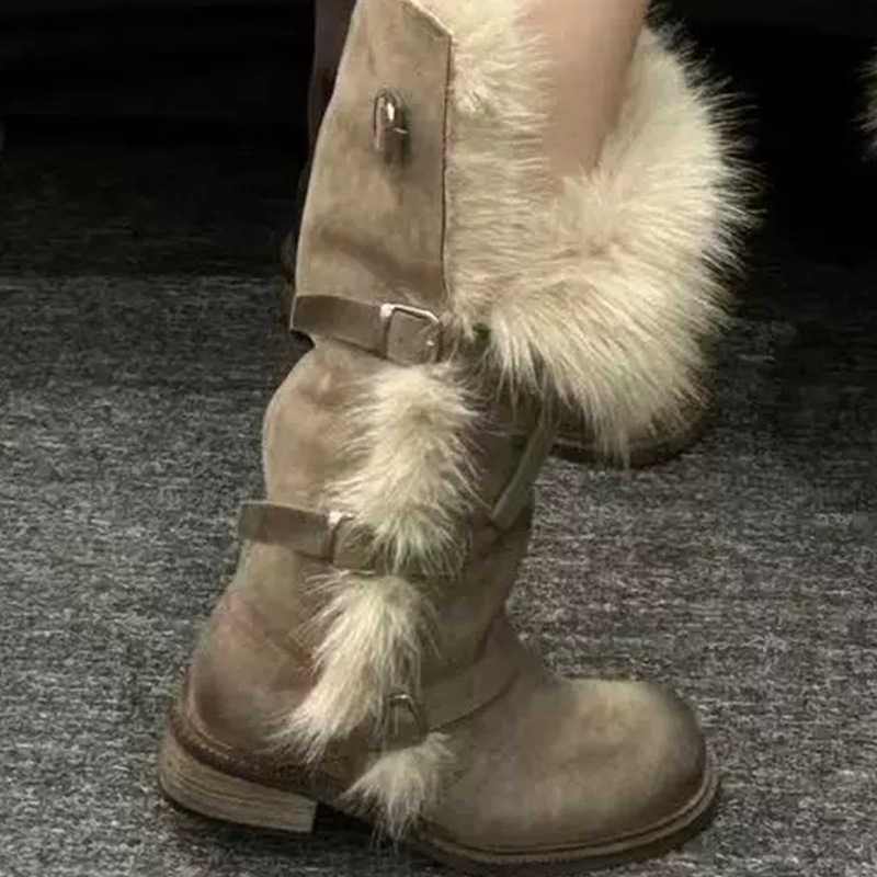 New Winter Retro Chic All-Match Leather-Buckle High-Top Furry Snow Boots For Women foto 2