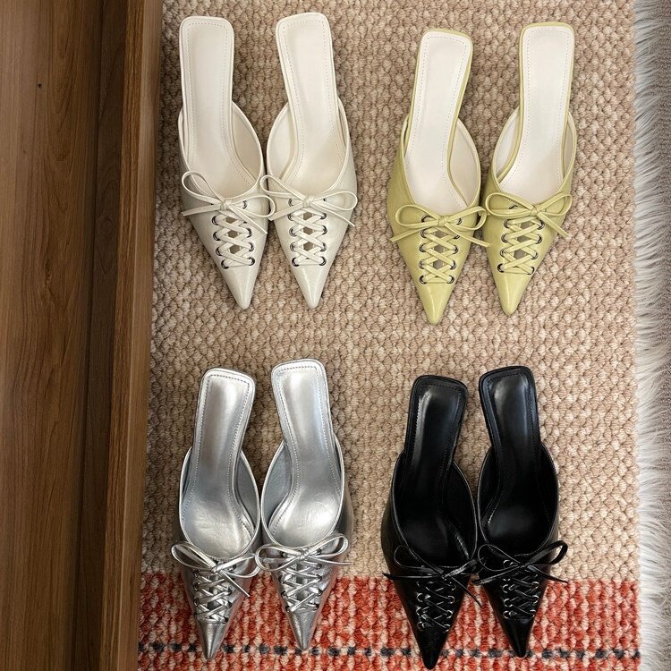 Pointed-toe Crossover French-style High-heeled Mules