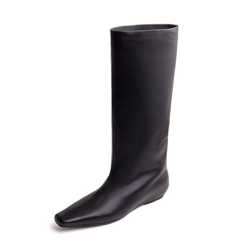 Trendy Black Large Barrel Women's Boots Versatile Square Toe Kitten Heel Knee-high Straight Tube Soft Leather Boots foto 2